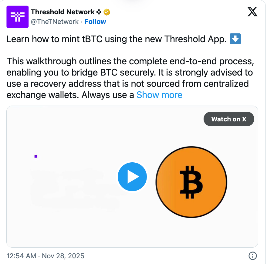 Tutorial on How to Mint tBTC Using the new Threshold App | Threshold Network