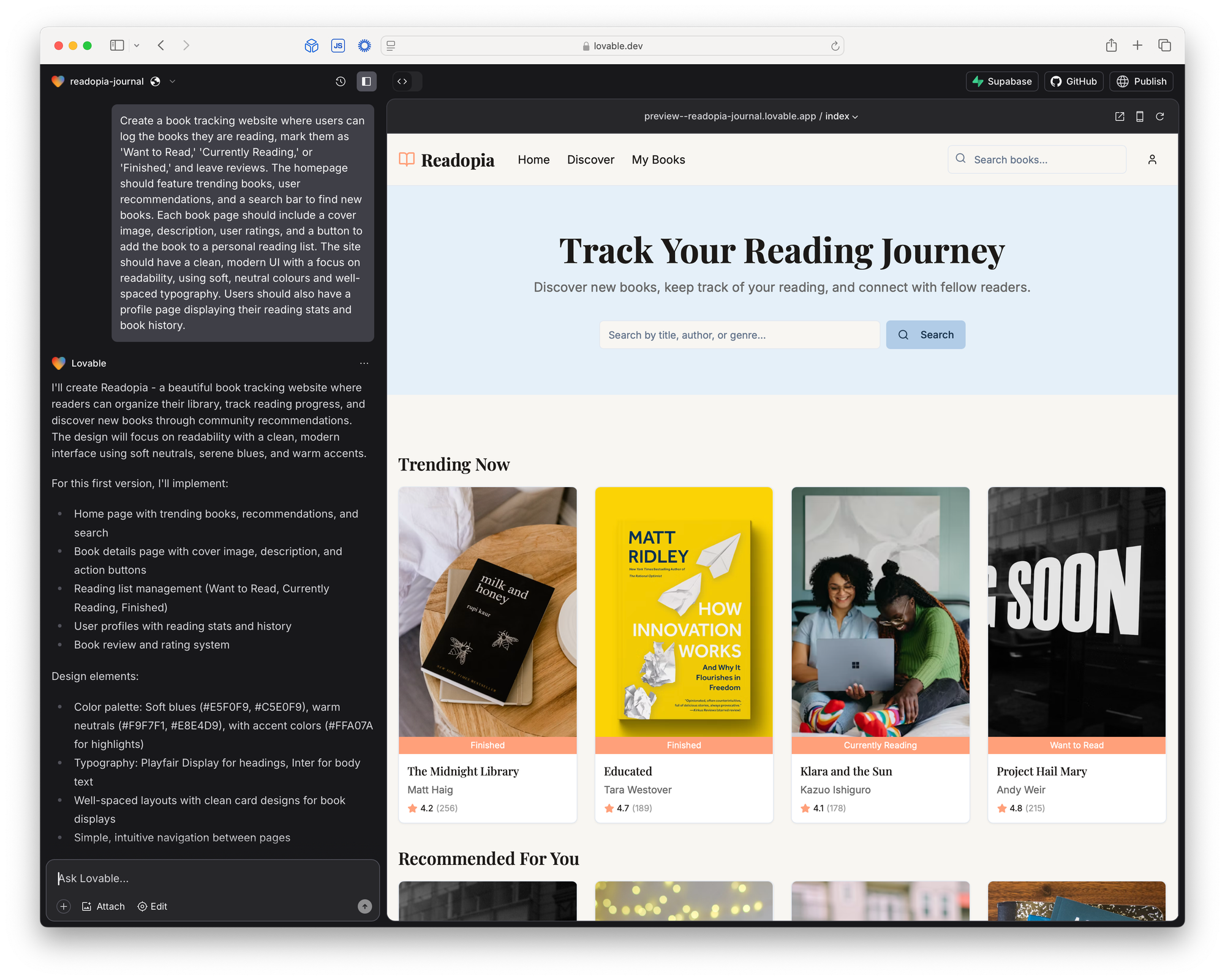 A screenshot of Lovable creating a Goodreads clone.