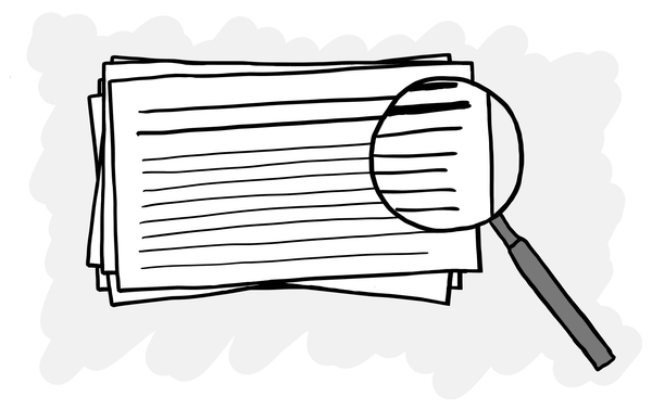Looking at a research report through a magnifying glass.
