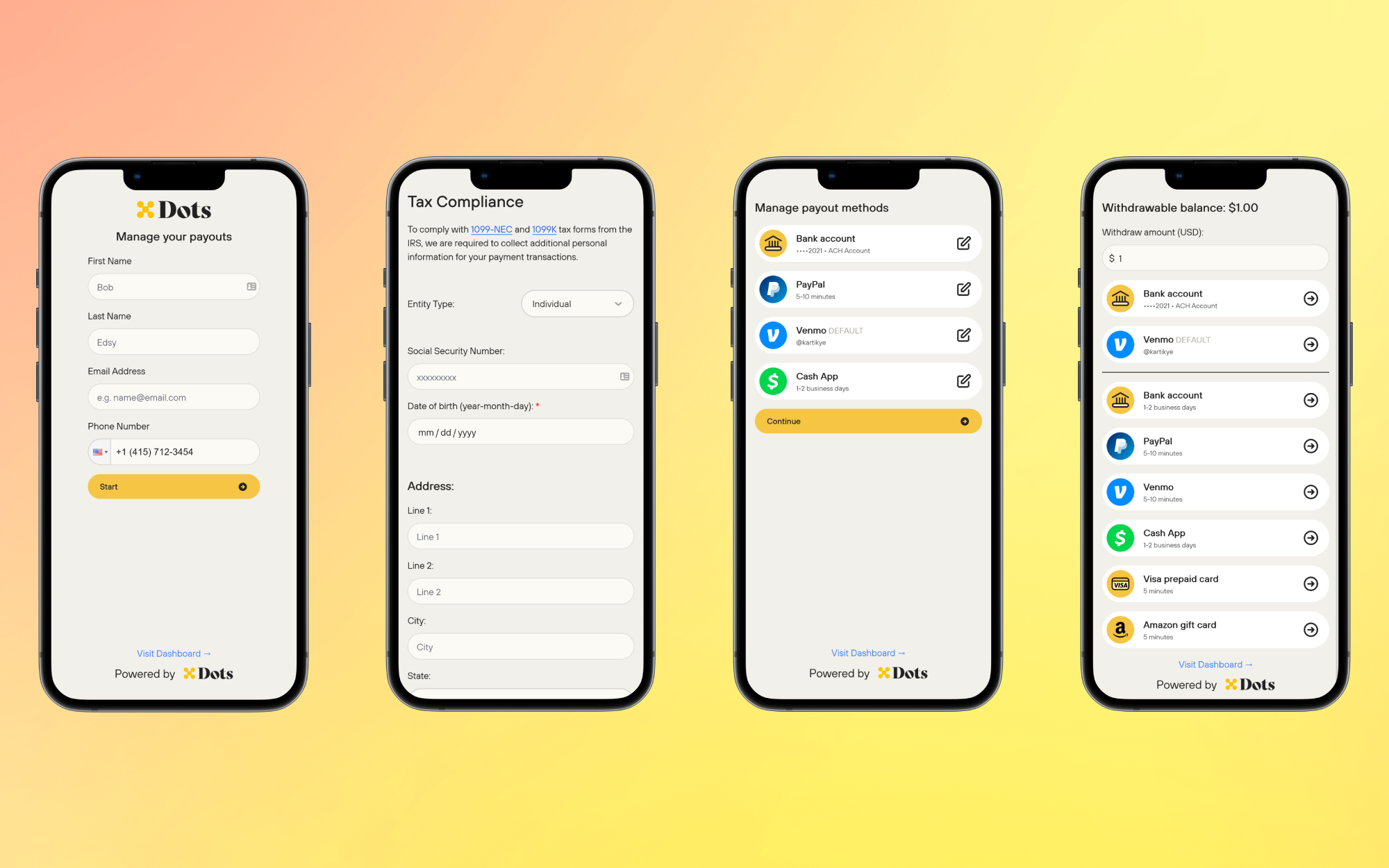 Screenshots of Dots Flows on a Phone Sized Screen.