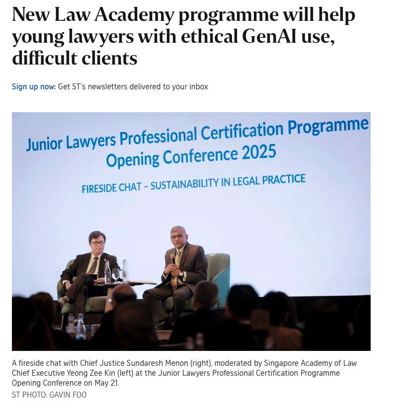 A screenshot of a news article on the Straits Times highlighting training for young lawyers on among other things, ethical use of AI.