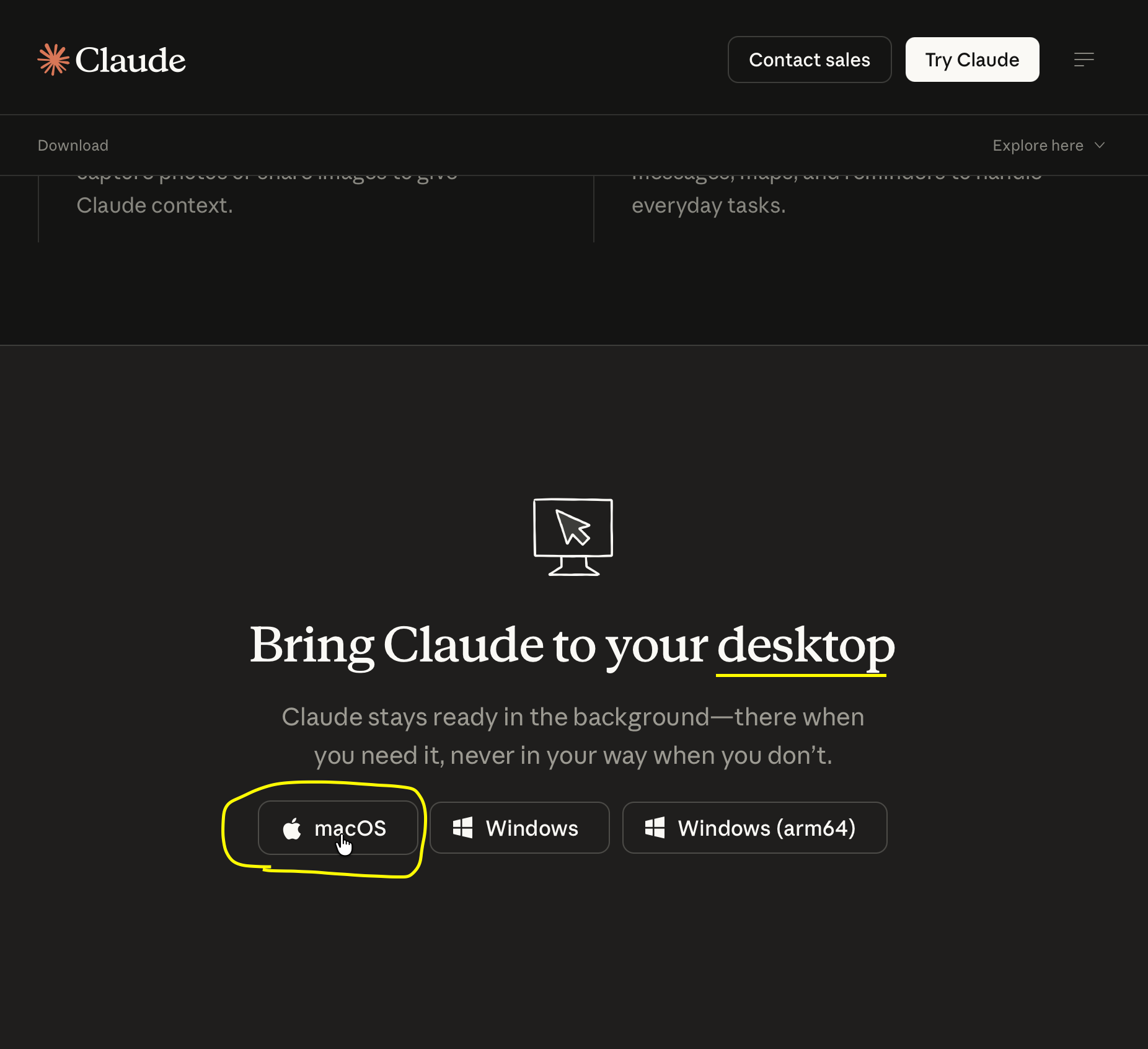 Claude download page showing macOS download options and system requirements