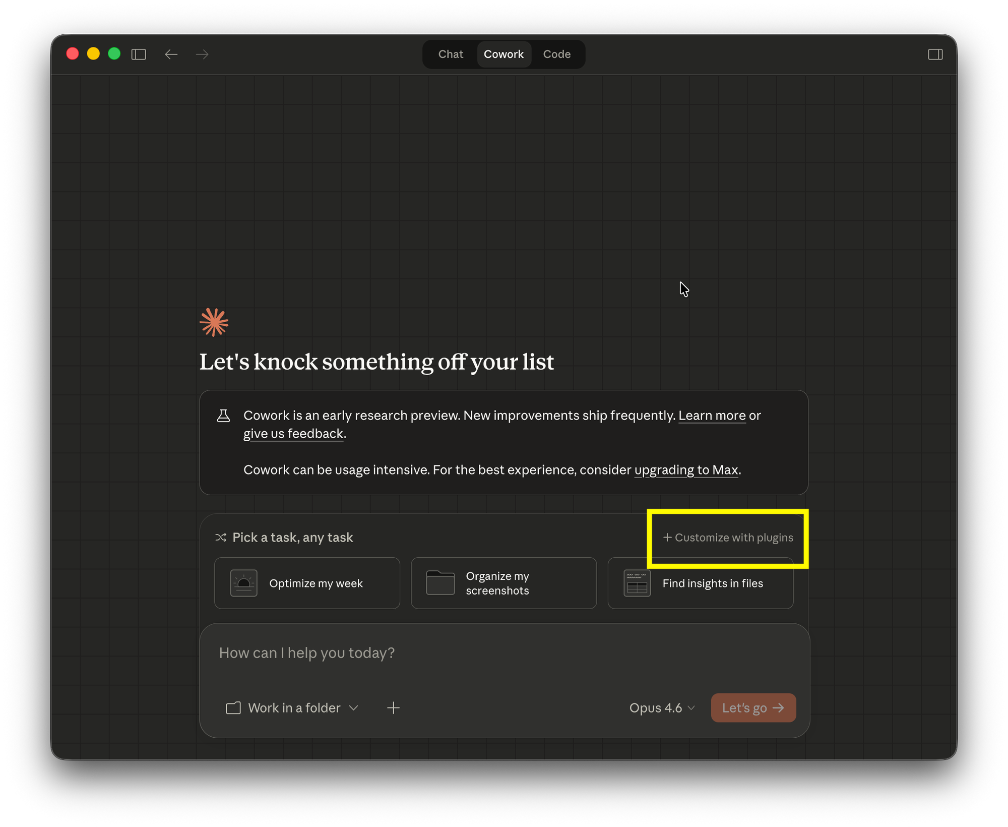 Cowork interface with plugins button highlighted in the sidebar