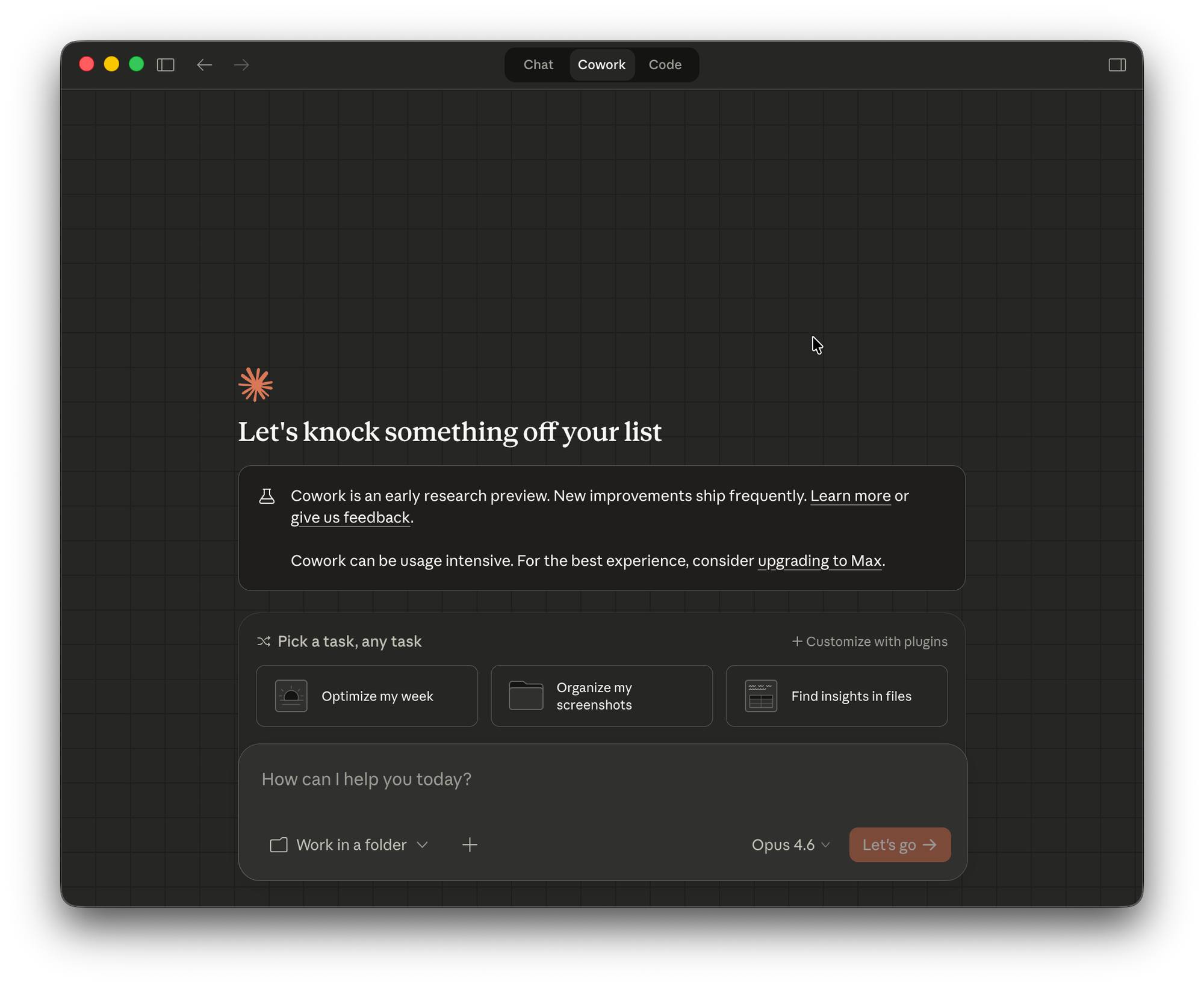 Cowork landing page showing task history and customize with plugins button