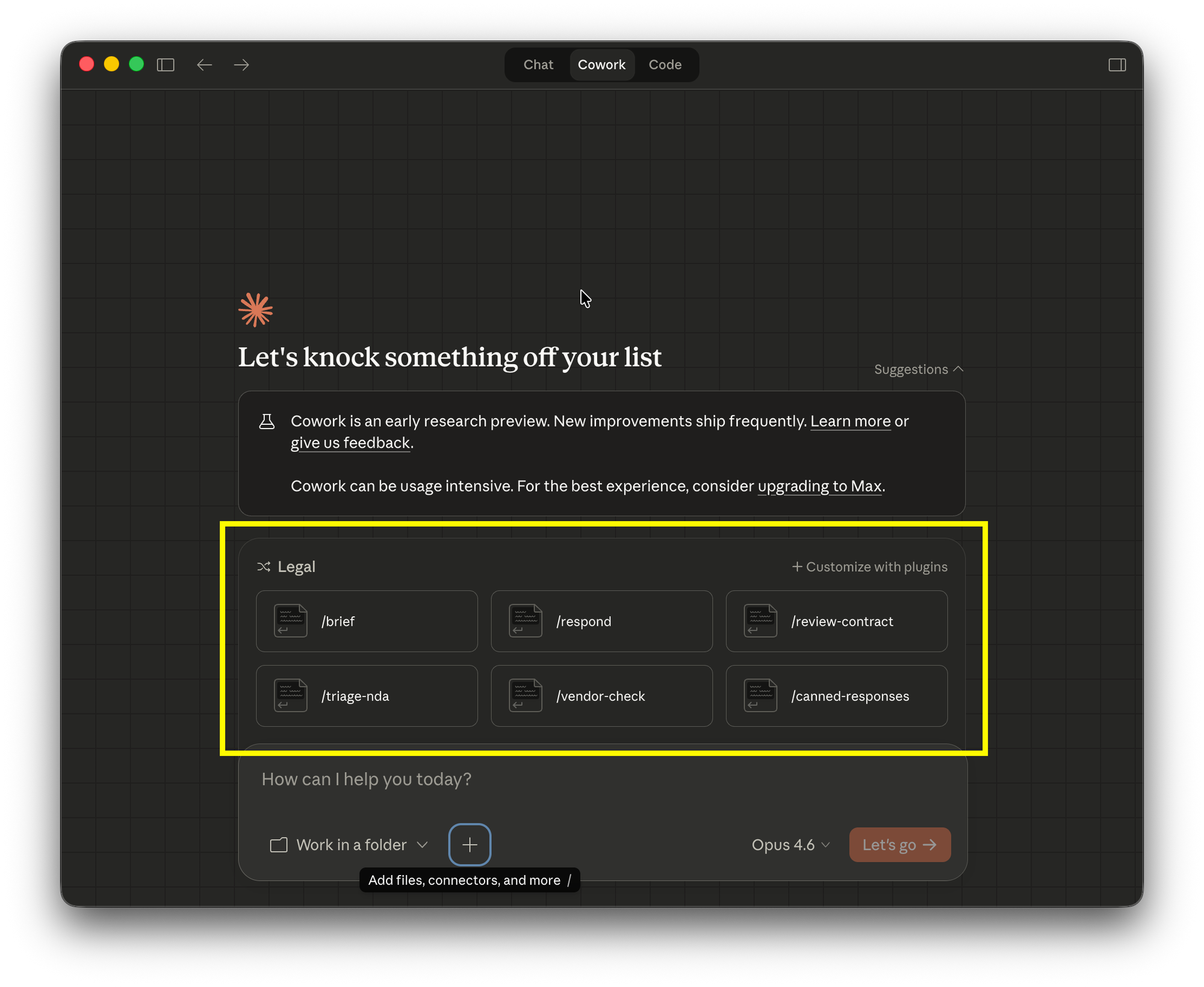 owork chat interface showing slash command menu with legal plugin commands like review-contract, triage-nda, and respond.