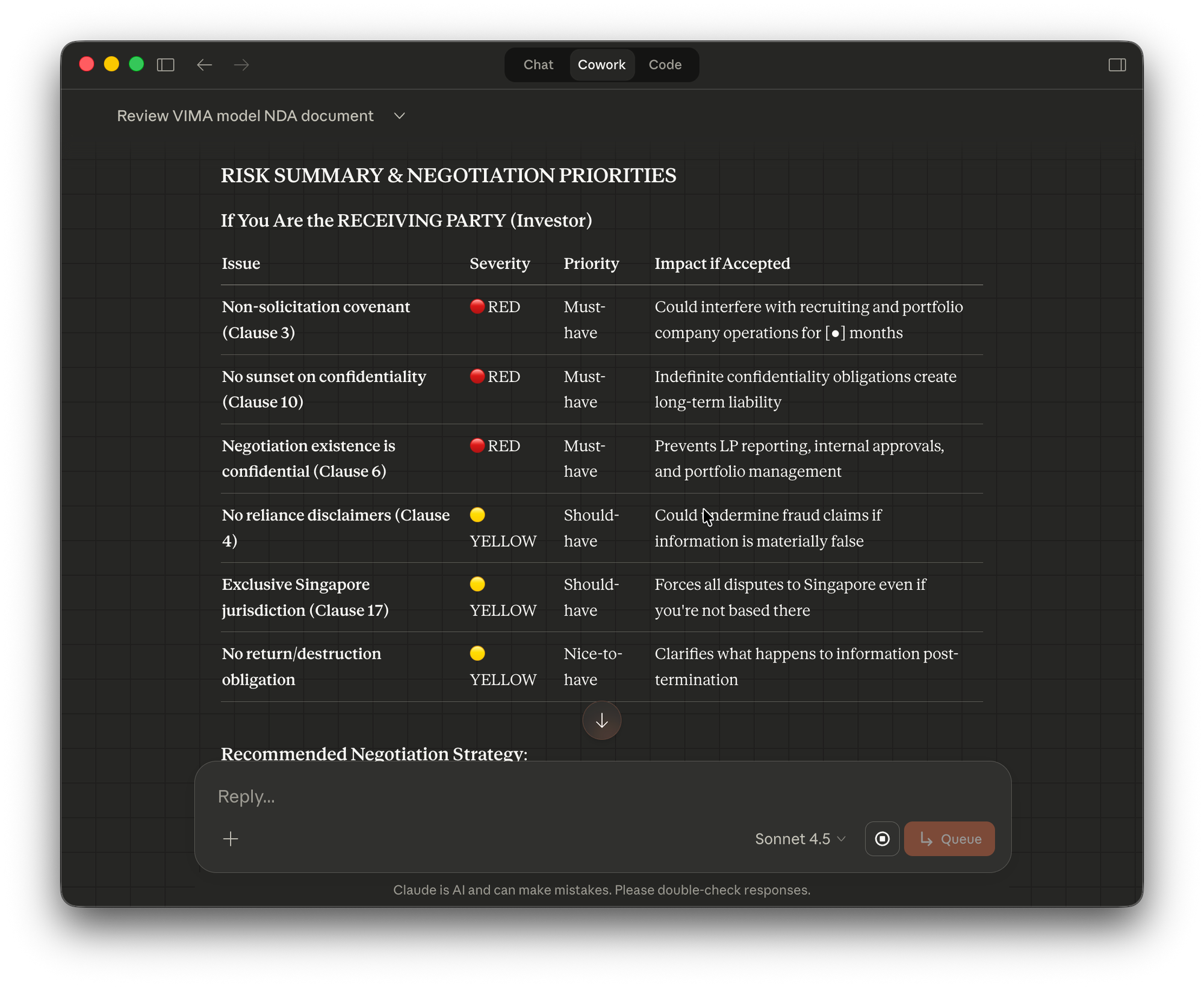 Claude Cowork output showing NDA risk assessment with red/yellow/green flags and negotiation prioritie