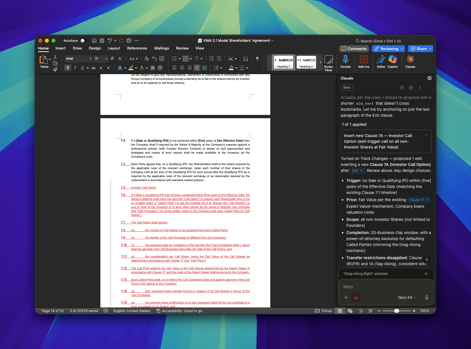 Screenshot of Claude for Word sidebar showing tracked changes as the plugin processes a contract clause.