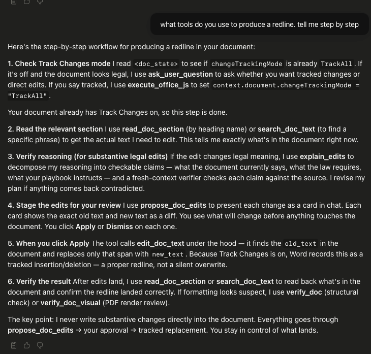 Screenshot of Claude for Word audit trail listing tool calls including AskUserQuestion, TodoWrite, Bash, and Word-specific tools.