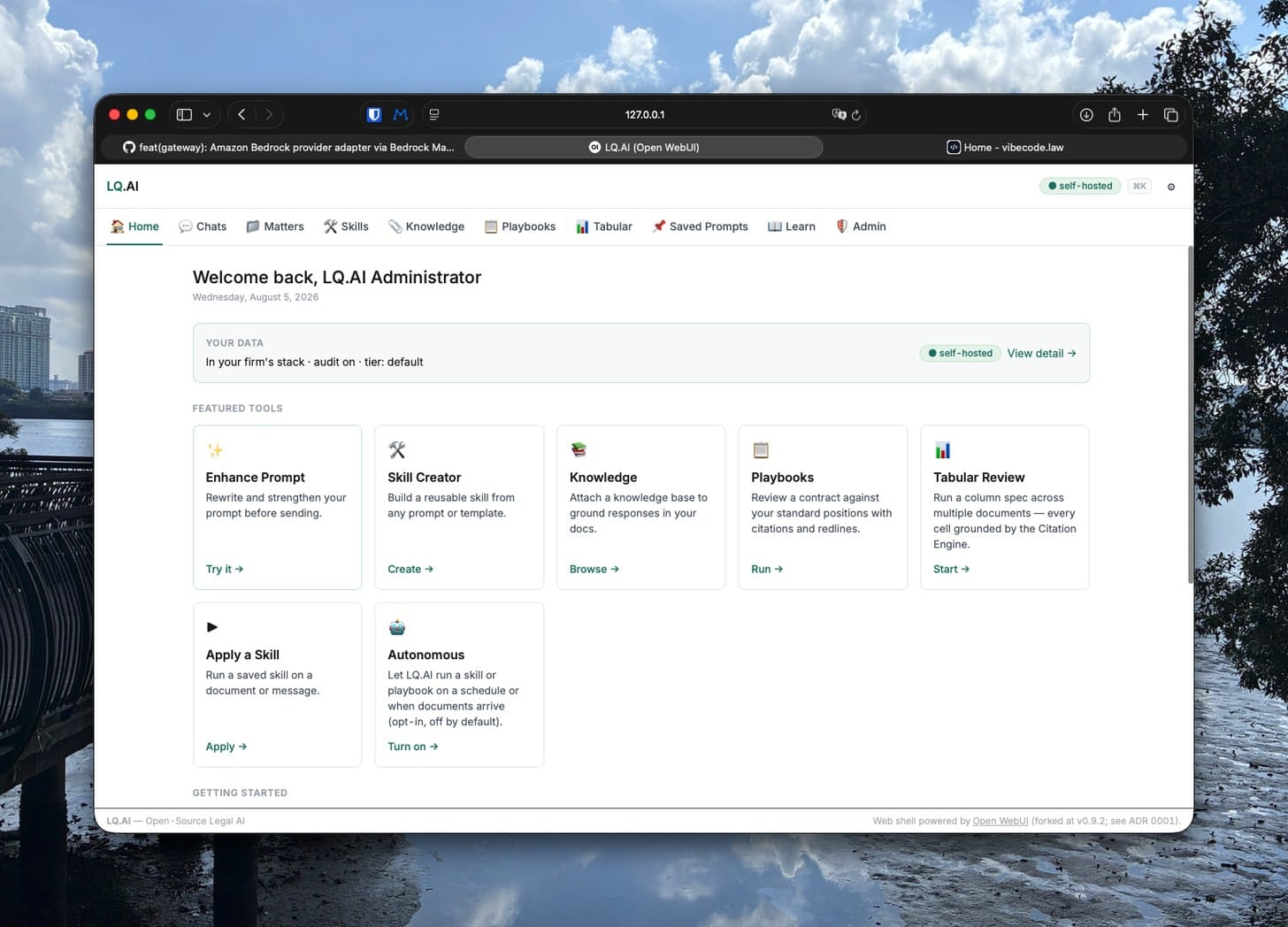 LQ.AI's home screen, self-hosted at 127.0.0.1 — featured tools including Skill Creator, Knowledge, Playbooks, Tabular Review and an opt-in Autonomous mode, under a banner confirming your data stays in your firm's stack.