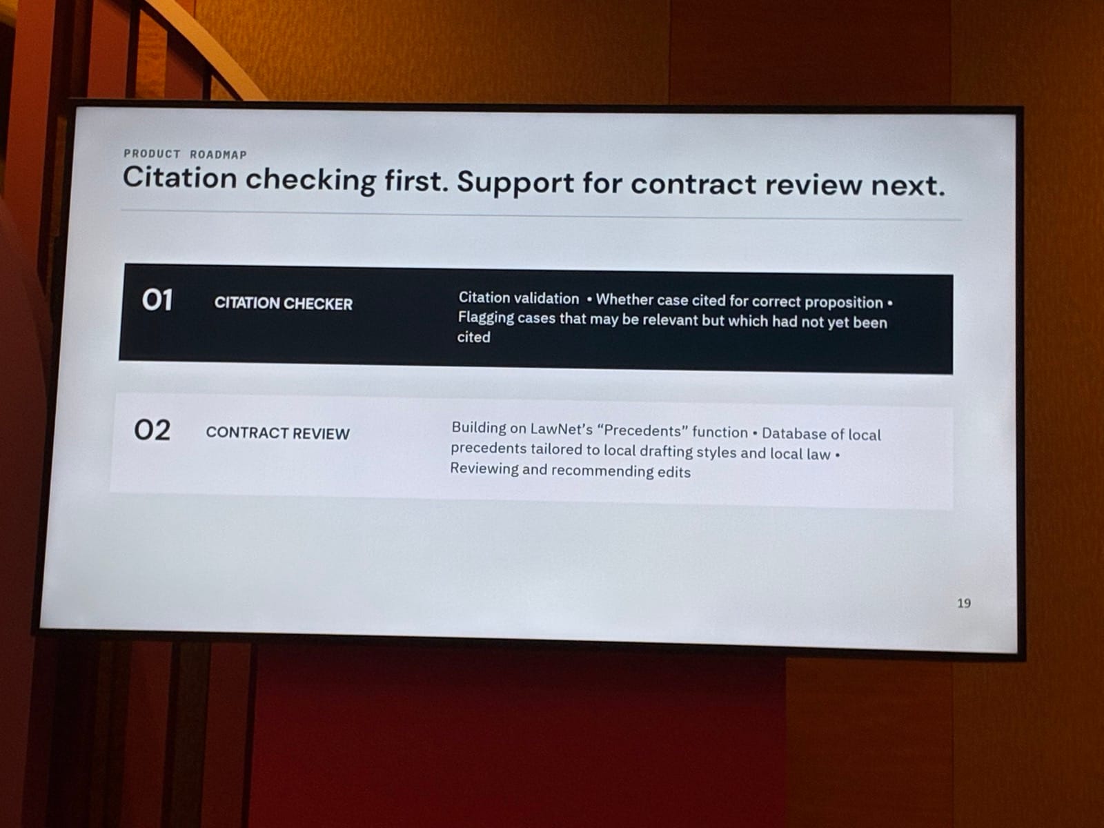Slide from the Justices' Law Clerks' TechLaw.Fest 2026 session: product roadmap, citation checking first, support for contract review next