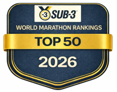 “Sub-3 World Marathon Rankings Top 50 badge for 2026.”