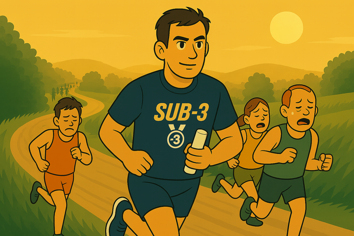 A determined runner in a SUB-3 shirt holds a white baton of ice, leading a race on a sunlit path while other runners struggle and fall behind in the heat.
