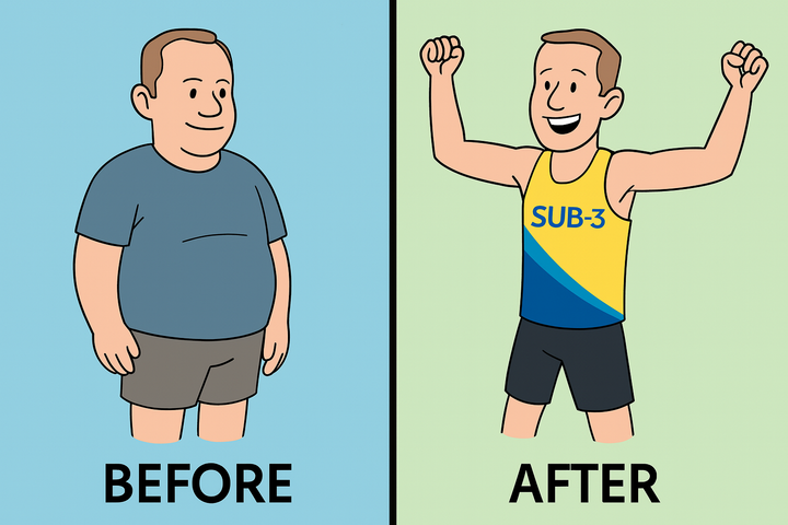 Cartoon before-and-after image of a man’s fitness journey: left panel shows him with a belly, right panel shows him lean, muscular, and wearing a "SUB-3" running vest.
