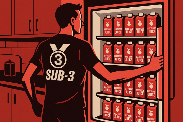 Stylised image of a male runner in a "SUB-3" t-shirt opening a fridge filled with beetroot juice cartons, set in a bold red-toned graphic kitchen scene.