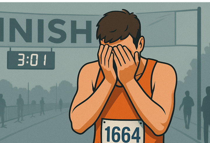 Stylised image of a male marathon runner with his head in his hands, standing beneath a finish line clock showing 3:01, capturing the pain of narrowly missing sub-3.
