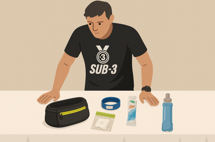 A runner in a black SUB-3 shirt lays out five key running items on a table: waist pouch, ICE ID tag, tissue bag, energy gel, and soft flask, ready for training.