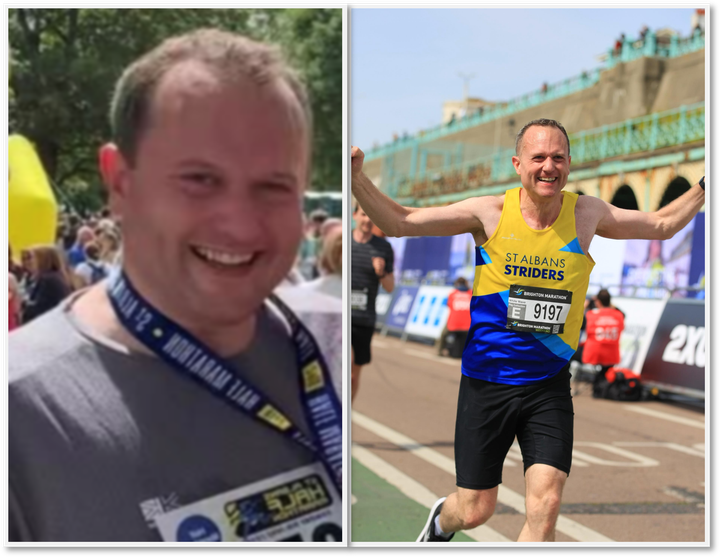 Before-and-after photos of a runner’s transformation from overweight half marathon finisher to lean sub-3 marathoner crossing the line at Brighton Marathon.