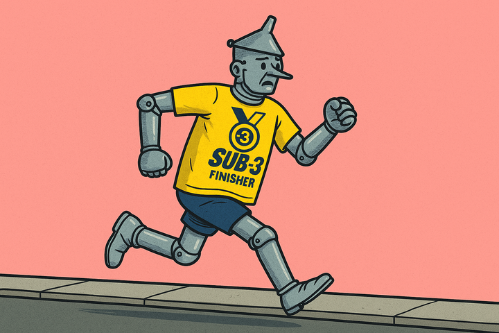 Cartoon Tin Man in a sub-3 marathon finisher shirt struggles to run with stiff, short strides, illustrating post-race soreness during recovery week.