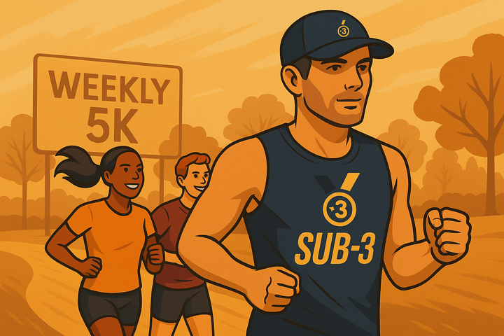 Stylised runners on a park trail during a weekly 5K. The frontrunner wears a SUB-3 cap and vest, with a sign reading “WEEKLY 5K” in the background