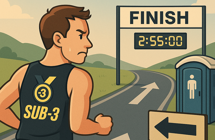 Marathon runner in a SUB-3 vest faces a split path: one leads to a finish line showing 2:55:00, the other to a toilet, highlighting a race-day dilemma.