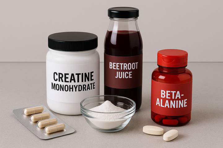 Four proven supplements for sub-3 marathoners — beetroot juice, creatine, beta-alanine, and sodium bicarbonate — laid out on a runner’s training log.