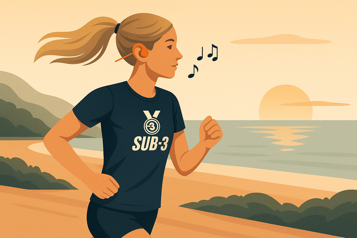 A female runner in a SUB-3 vest runs with bone conduction headphones, music notes floating from her ears, surrounded by a scenic background.