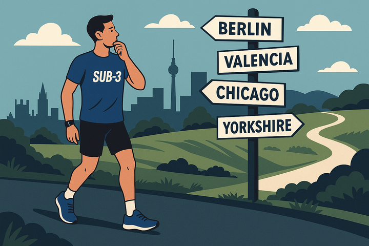 A marathon runner in a blue SUB-3 t-shirt stands at a crossroads, looking at directional signs pointing to Berlin, Valencia, Chicago and Yorkshire.