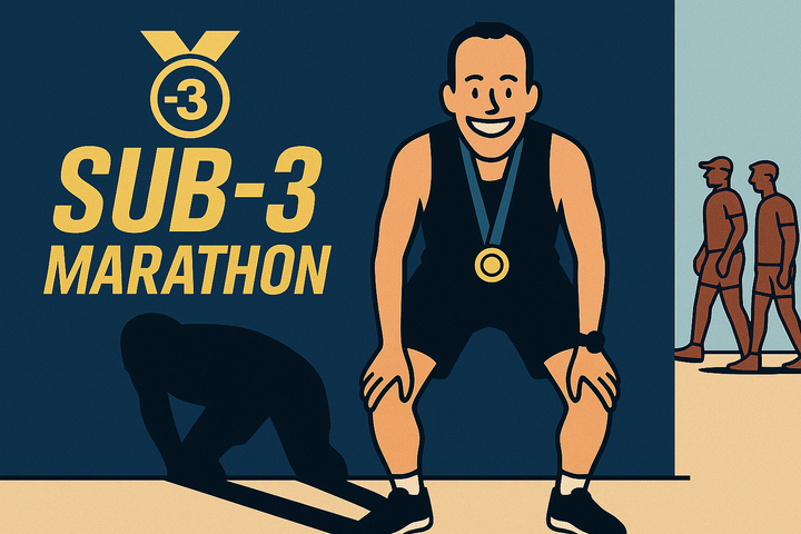 Cartoon-style image of a smiling marathon finisher in a black kit and medal posing in front of a "SUB-3 MARATHON" banner, with runners walking in the background.