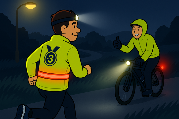 Cartoon of a smiling runner in SUB-3 reflective jacket, LED belt, and headtorch jogging safely at night, while a cyclist with bike lights gives a thumbs-up under a streetlamp.