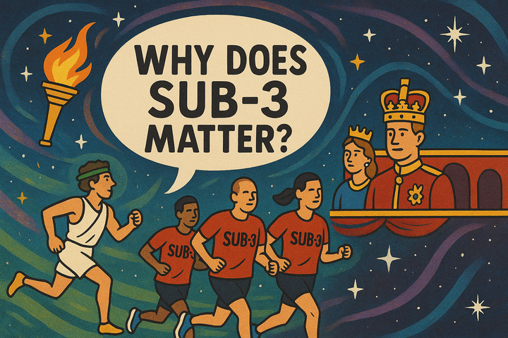 A cosmic, cartoon-style illustration asking “Why does sub-3 matter?” with runners, ancient Greek figures, royalty, and swirling stars symbolising the quest for sub-3.