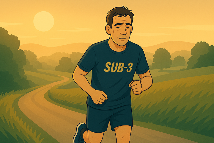 Cartoon image of weary male runner in SUB-3 shirt jogging on winding road at sunrise, looking fatigued, with rolling hills behind – highlights importance of spotting overtraining.
