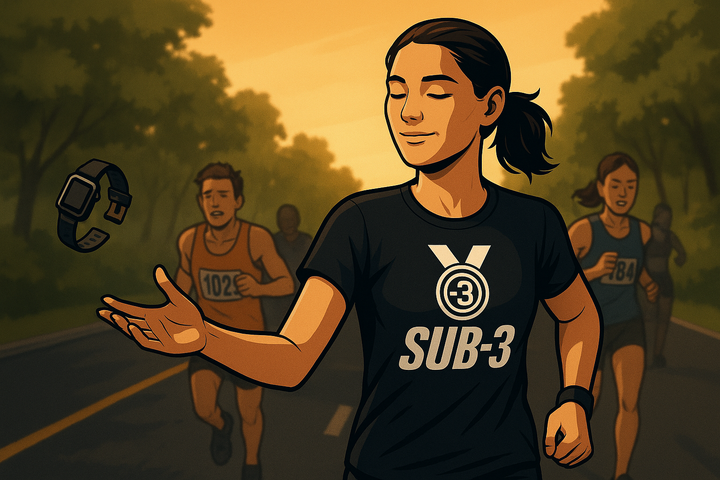 Confident female runner throws her watch to the ground mid-race, wearing a Sub-3 logo top, while others around her strain and struggle to keep pace.