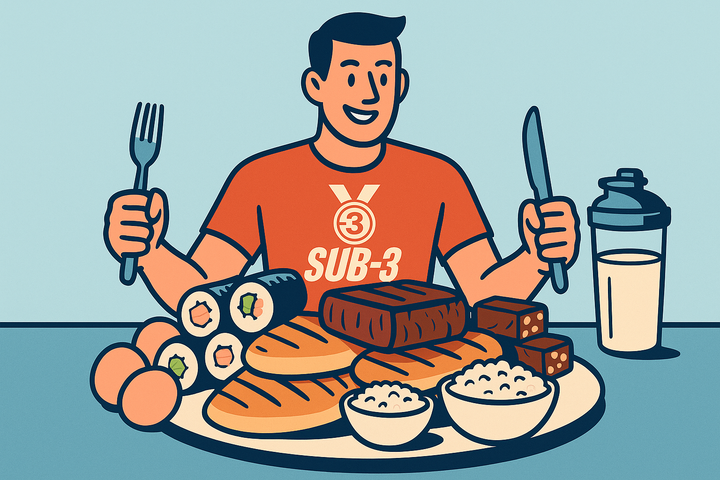 Cartoon-style image of a smiling runner in a SUB-3 shirt sitting at a table with chicken, steak, sushi, rice, eggs, protein bars, and a shake — highlighting protein intake.