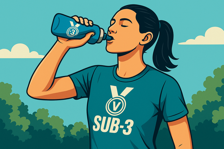 Stylised image of a female runner in a Sub-3 T-shirt squeezing a soft flask mid-run on a sunny path, showing hydration, ease and refreshment during training.