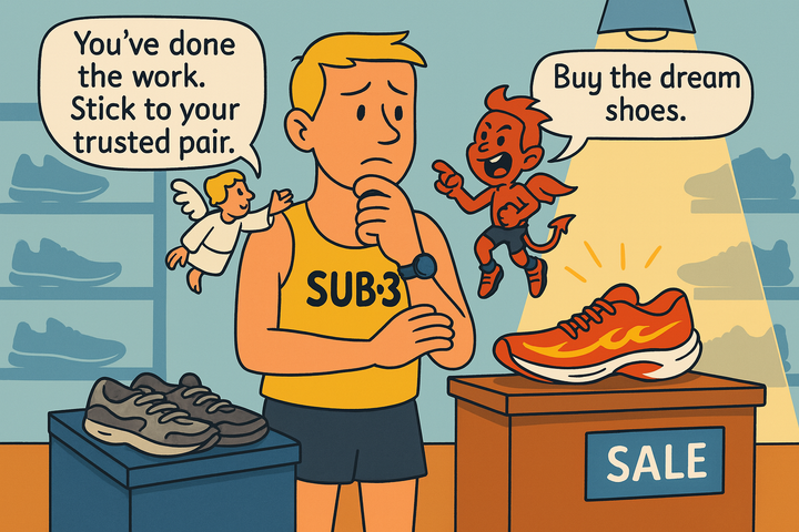 Cartoon of a sub-3 runner in a shoe store, torn between worn-out trainers and new super shoes, with an angel and devil offering conflicting advice on each shoulder.