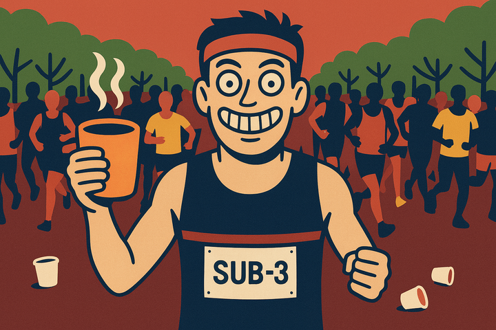 Stylised cartoon of a grinning male runner in a "SUB-3" vest holding a coffee cup at the marathon start line, with jittery runners and discarded cups behind him.