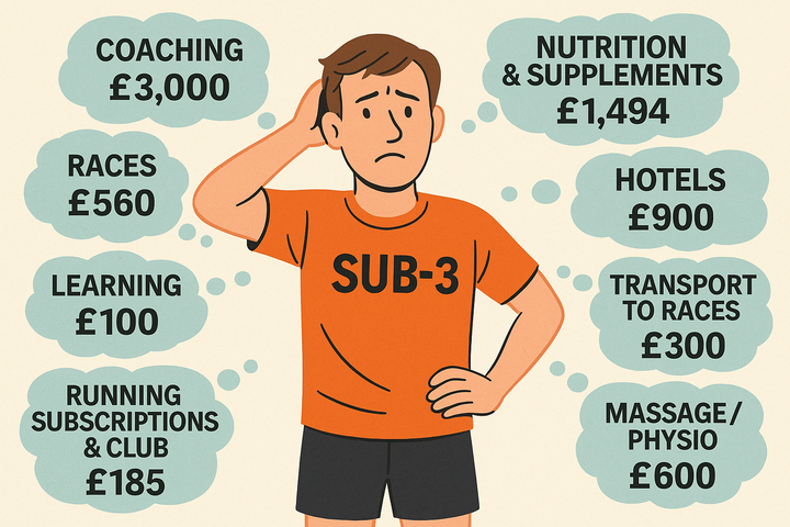 A cartoon of a puzzled runner in a "SUB-3" shirt surrounded by thought bubbles showing the annual costs of chasing a sub-3 marathon, including coaching, kit, and races.