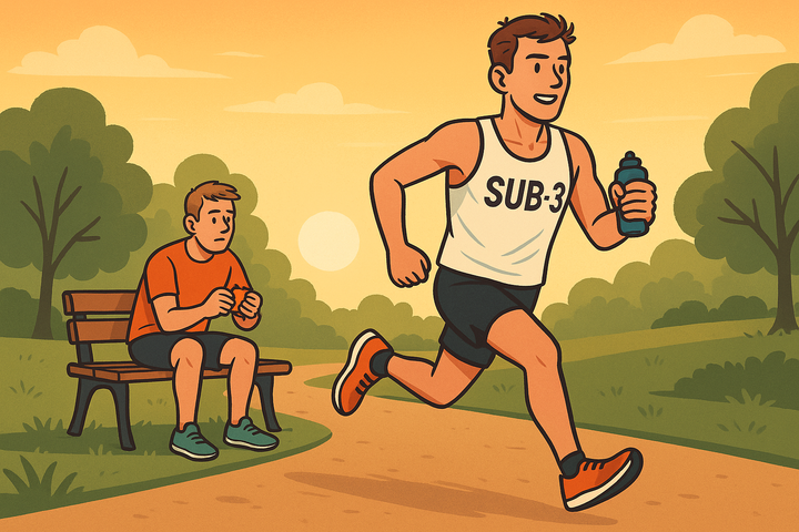 Cartoon of a runner in a SUB-3 vest jogging confidently past another runner on a park bench eating an energy bar, with morning sun rising over a tree-lined path.