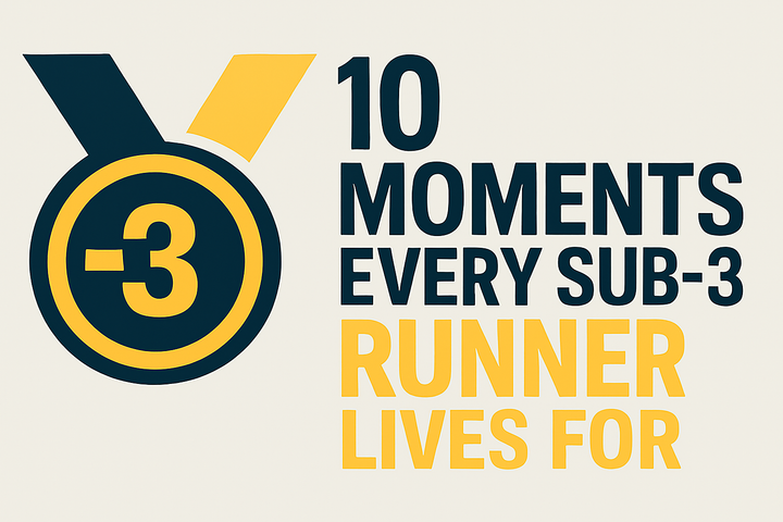 A bold, graphic design image featuring a large gold Sub-3 medal icon on the left and the headline “10 moments every sub-3 runner lives for” on a light silver background.