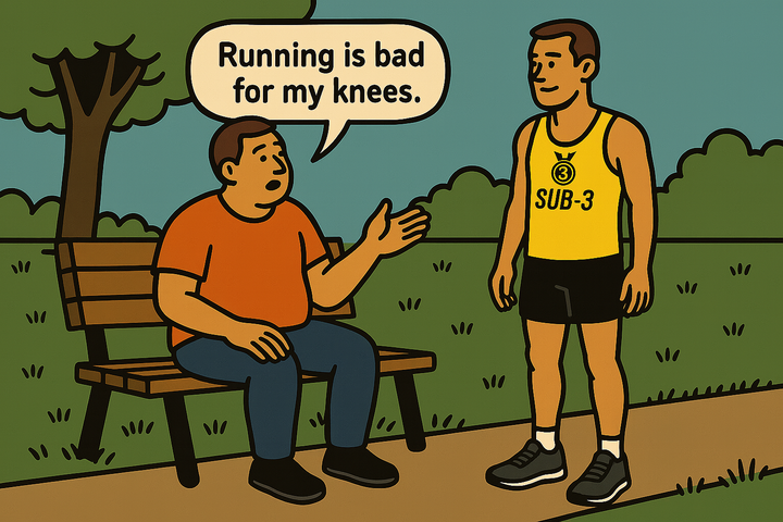 Cartoon of a man on a park bench saying “Running is bad for my knees” to a fit runner in a yellow SUB-3 shirt, highlighting common misconceptions about running.
