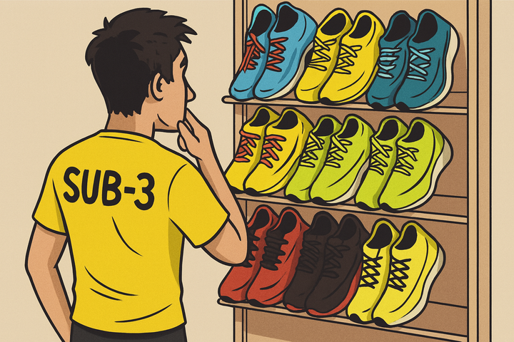 Runner in a yellow SUB-3 shirt stands in front of a shoe rack filled with colorful running shoes, thoughtfully deciding which pair to use for his next training run.