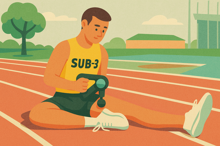 A male runner in a yellow SUB-3 vest sits on a track using a Theragun on his thigh, surrounded by stylised greenery, sports facilities and soft cartoon-like textures.