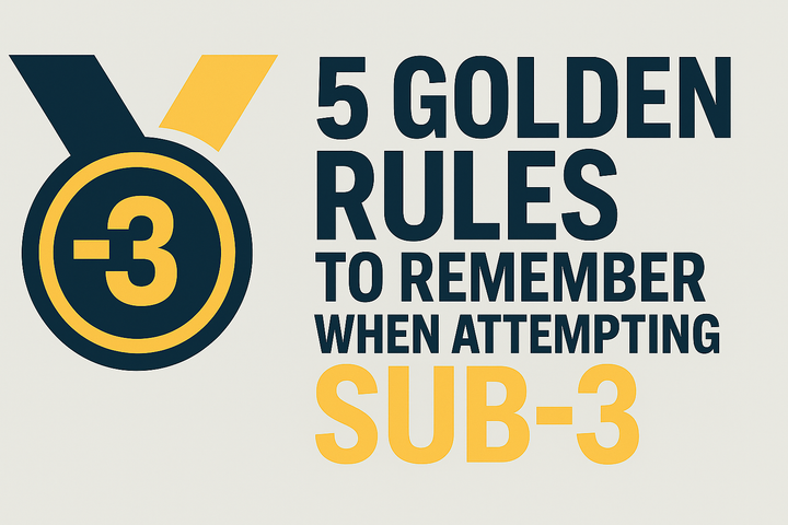 Bold graphic featuring the Sub-3 medal logo and the text “5 golden rules to remember when attempting sub-3” on a clean light silver background.
