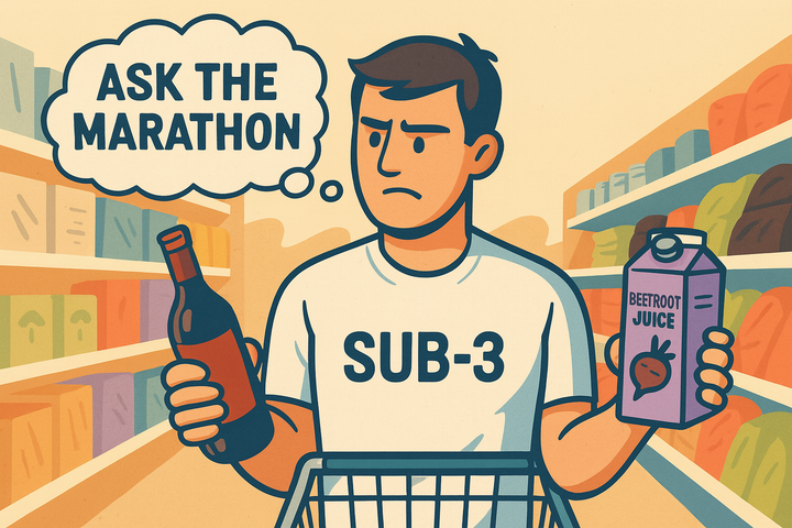 A cartoon-style male runner in a white SUB-3 T-shirt stands in a supermarket aisle, weighing up a bottle of red wine in one hand and beetroot juice in the other