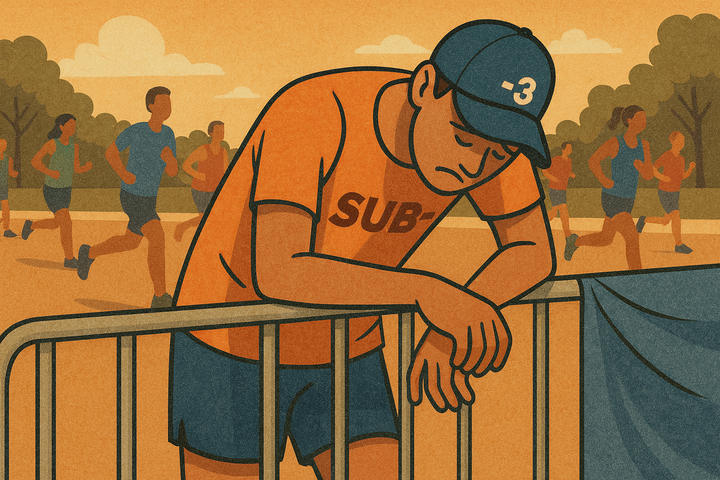 Stylised cartoon of a male runner in an orange SUB-3 shirt and blue -3 cap leaning over a barrier in exhaustion, while other runners continue racing in the background.
