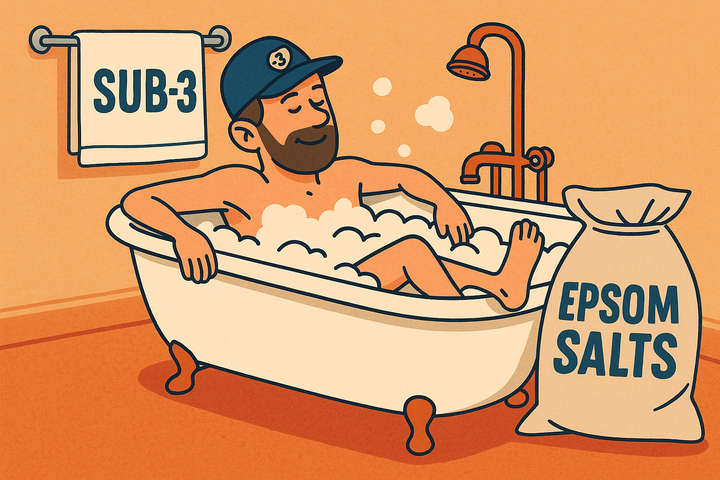 Cartoon of a runner relaxing in a bubble bath with a SUB-3 towel and hat, next to a large sack labelled EPSOM SALTS, in a warm-toned bathroom setting.