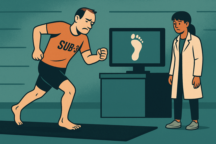 Stylised graphic of a barefoot runner in a SUB-3 shirt undergoing gait analysis, with a footprint shown on screen and a technician observing in a clinical setting.