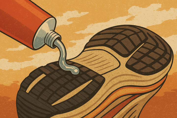 Stylised illustration of a red tube applying glue to the worn sole of a running shoe, highlighting a simple repair trick used by many high-mileage runners.
