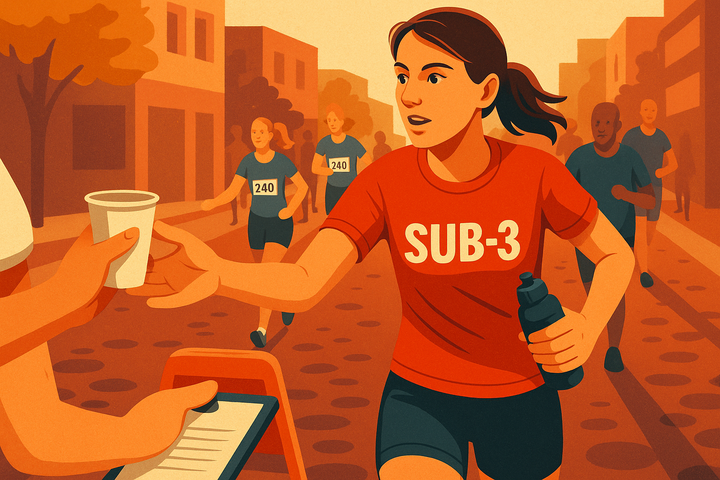 A stylised female marathon runner in a SUB-3 shirt takes a water cup from a volunteer during a city race, surrounded by other runners and urban buildings.
