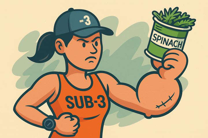 A cartoon-style female runner in a red SUB-3 shirt and blue cap holds a can of spinach, flexing her bicep with a confident grin, in comic exaggeration.